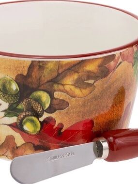 Boston International BRIGHT AUTUMN Ceramic Cheese Crock & Spreader NWT
